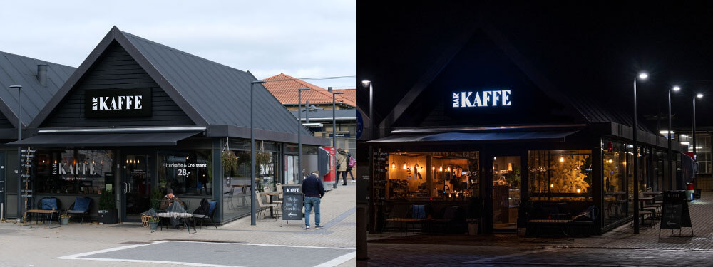 Bar Kaffe, Allerød – lakeret alukassette med lys gennem udfræste akrylbogstaver i front.