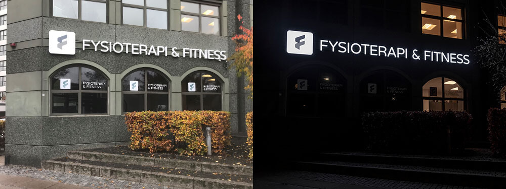 Fysioterapi & Fitness, København – bogstaver i lakeret aluminium, med frontlys. Monteret på skinner.
