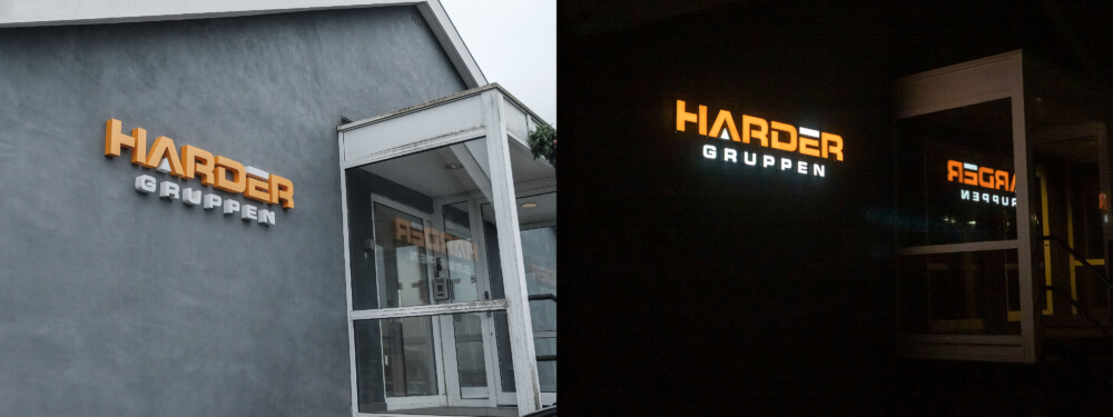 Harder Gruppen, Rødovre – bogstaver i lakeret aluminium, med frontlys. Monteret enkeltvis på mur.