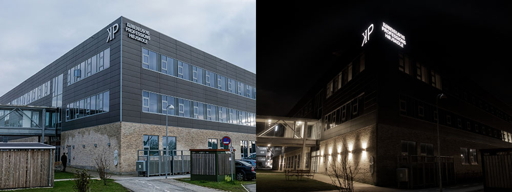 Københavns Professionshøjskole, Hillerød – bogstaver i lakeret aluminium, med frontlys. Monteret på skinner.