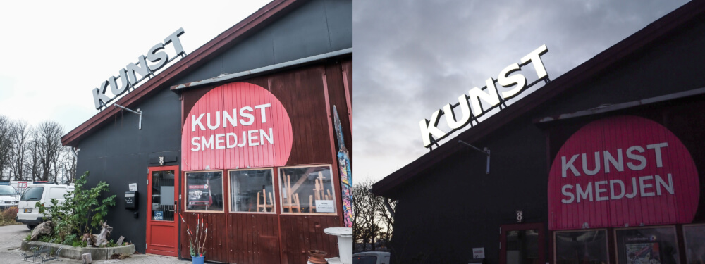 Kunstsmedjen, Roskilde – bogstaver i lakeret aluminium, med frontlys. Monteret på skinner.