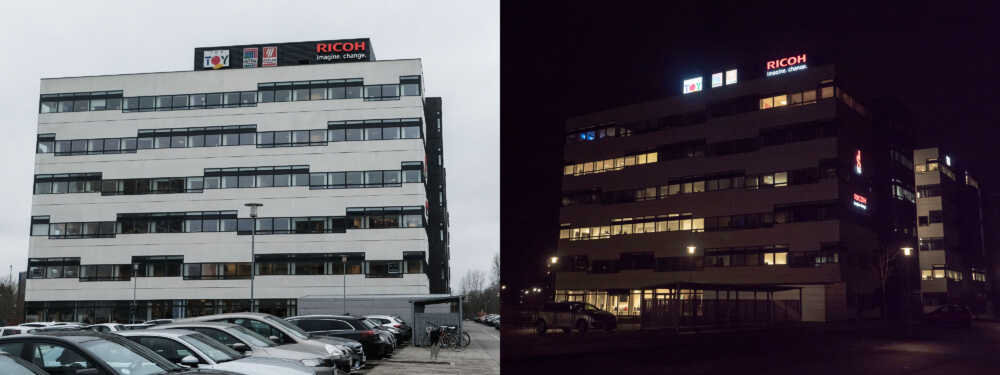 Ricoh, Vallensbæk – bogstaver i lakeret aluminium, med frontlys. Monteret enkeltvis på mur.