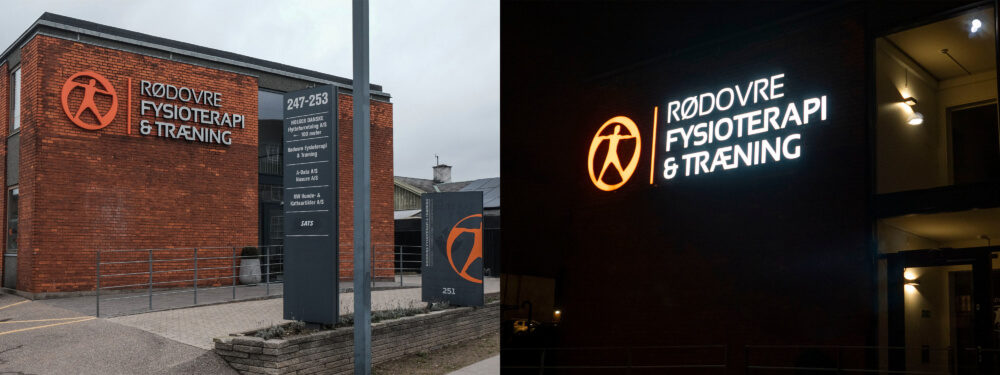 Rødovre Fysioterapi og Træning – logo og bogstaver i lakeret aluminium, med frontlys. Monteret enkeltvis på mur.